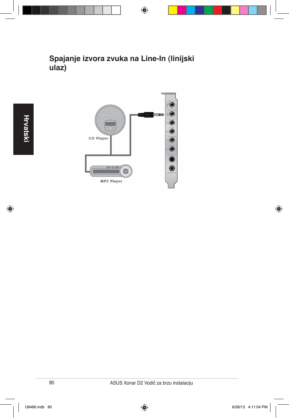 Spajanje izvora zvuka na line-in (linijski ulaz), Hrvatski | Asus Xonar D2/PM User Manual | Page 81 / 82