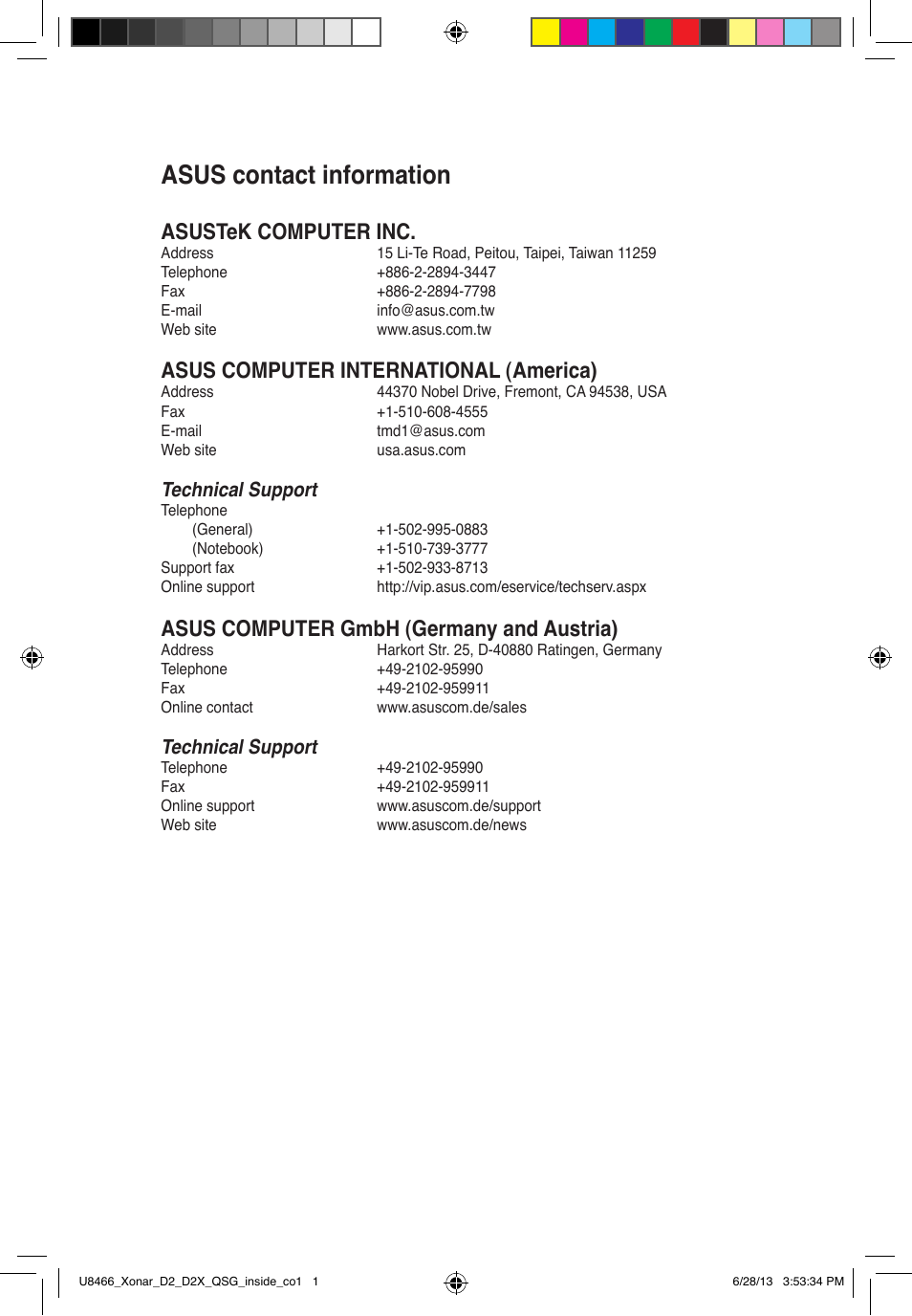 Asus contact information, Asustek computer inc, Asus computer international (america) | Asus computer gmbh (germany and austria), Technical support | Asus Xonar D2/PM User Manual | Page 82 / 82