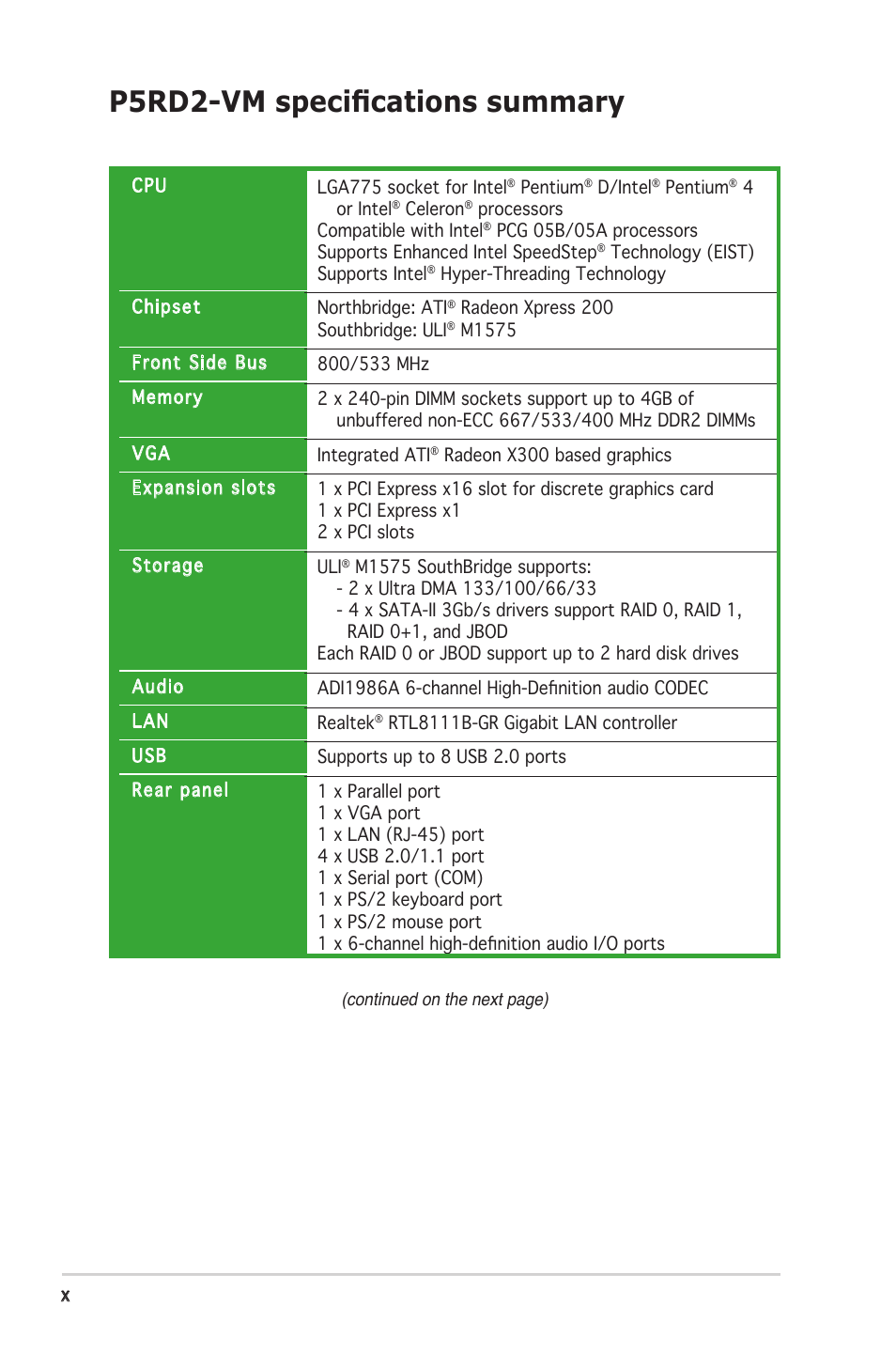 P5rd2-vm speciﬁcations summary | Asus P5RD2-VM User Manual | Page 10 / 90