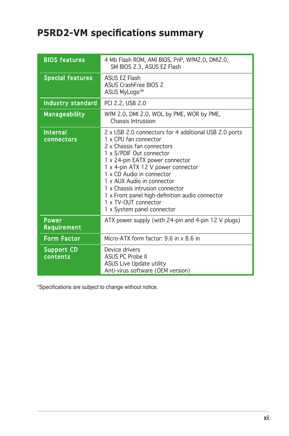P5rd2-vm speciﬁcations summary | Asus P5RD2-VM User Manual | Page 11 / 90
