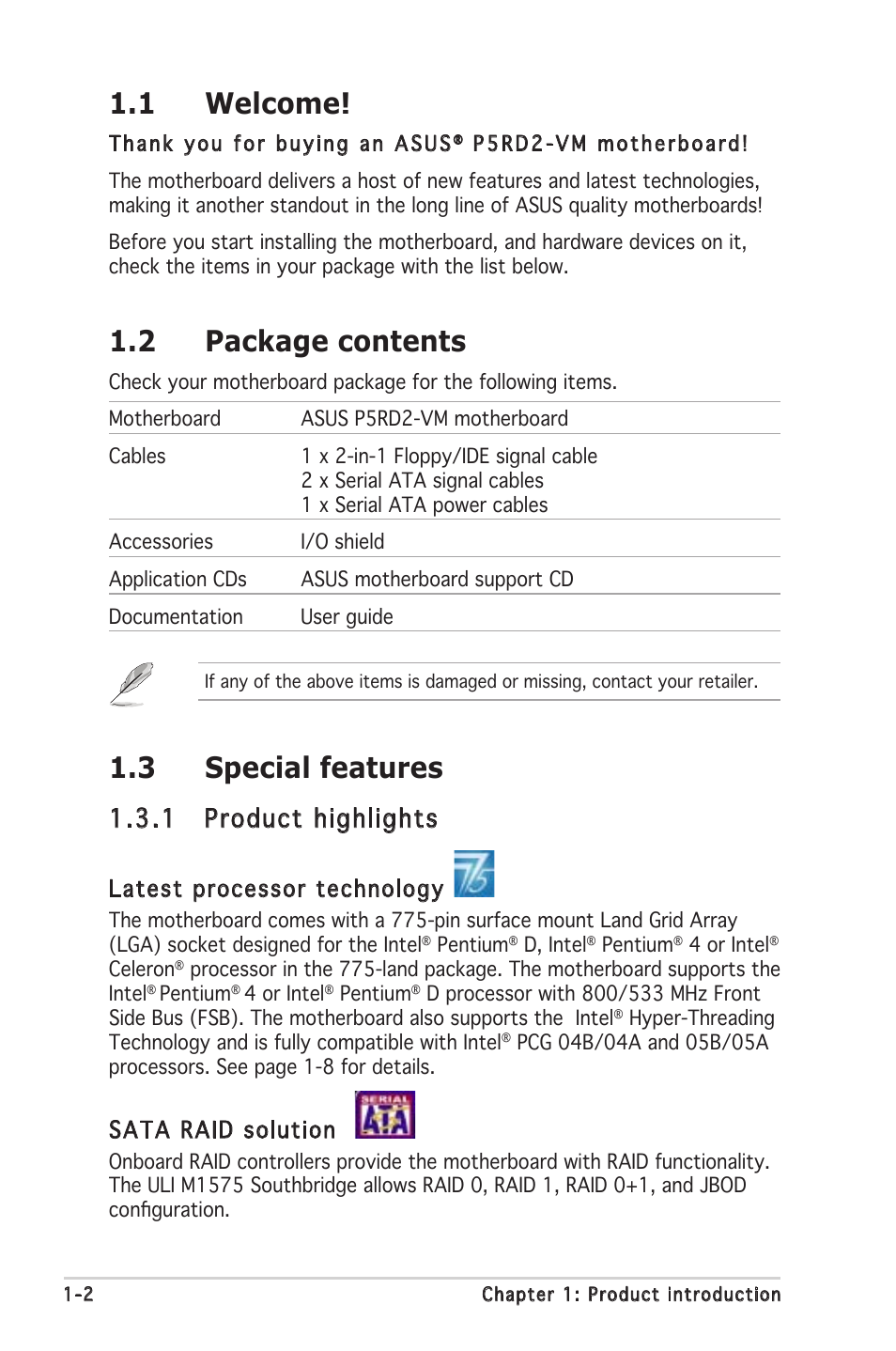 1 welcome, 2 package contents, 3 special features | 1 product highlights, Latest processor technology, Sata raid solution | Asus P5RD2-VM User Manual | Page 14 / 90