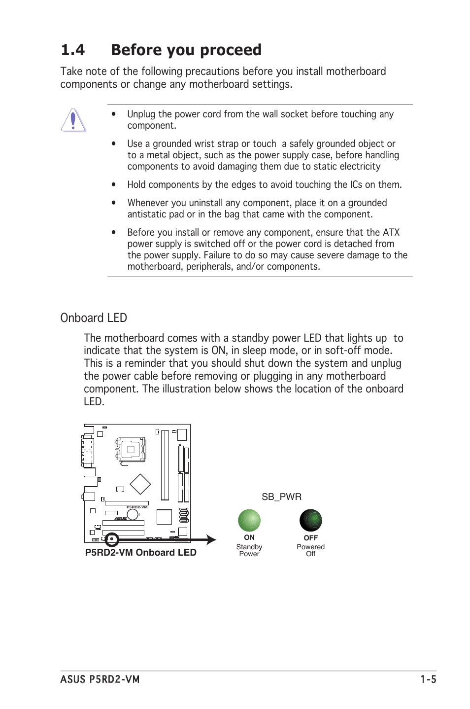 4 before you proceed, Onboard led | Asus P5RD2-VM User Manual | Page 17 / 90