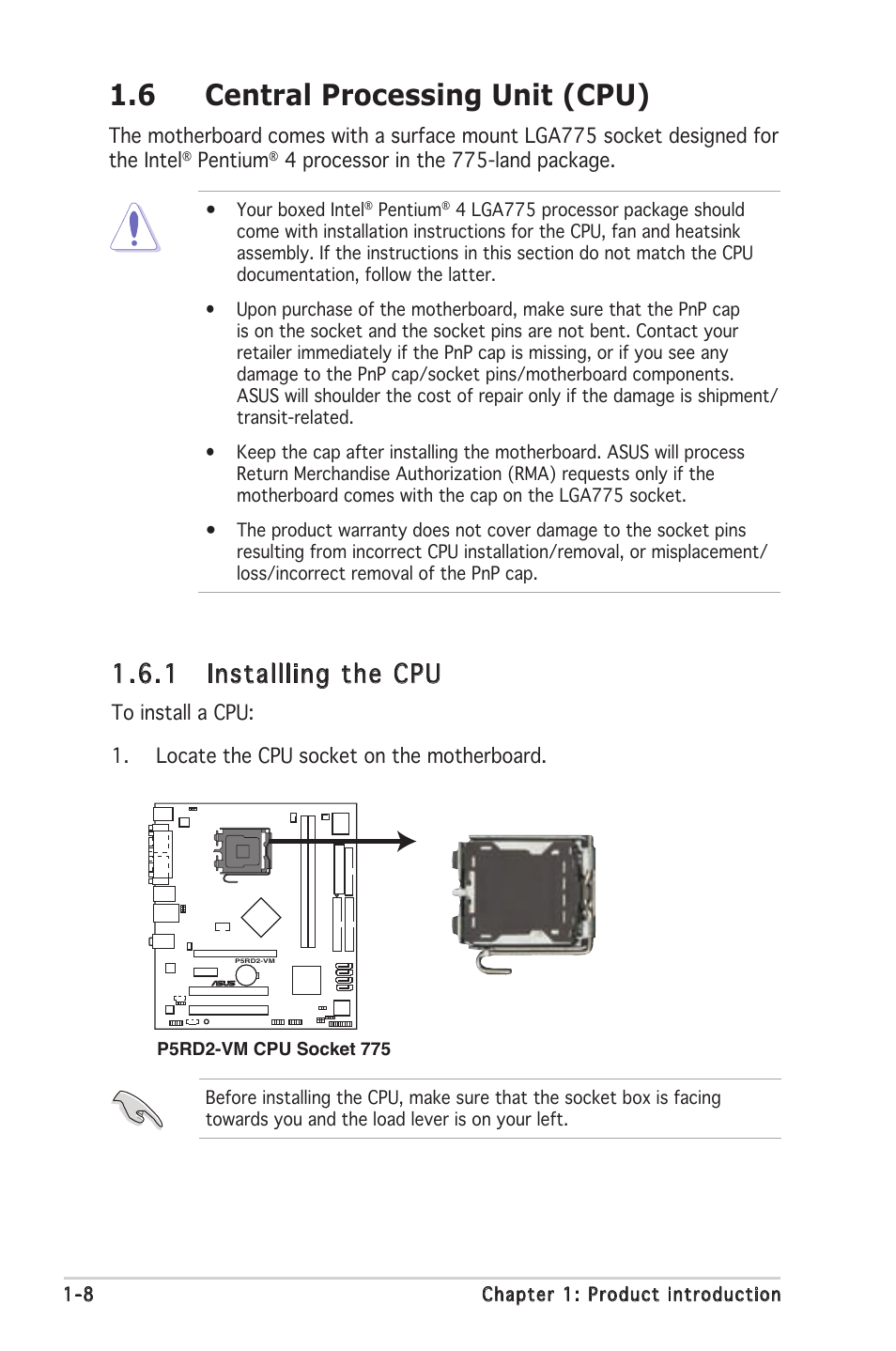 6 central processing unit (cpu), 1 installling the cpu | Asus P5RD2-VM User Manual | Page 20 / 90