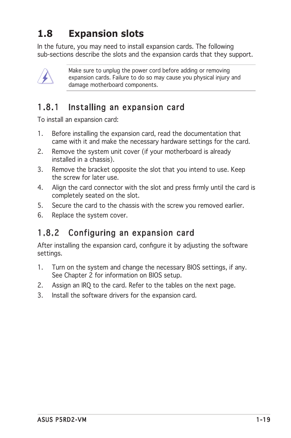 8 expansion slots, 1 installing an expansion card, 2 configuring an expansion card | Asus P5RD2-VM User Manual | Page 31 / 90