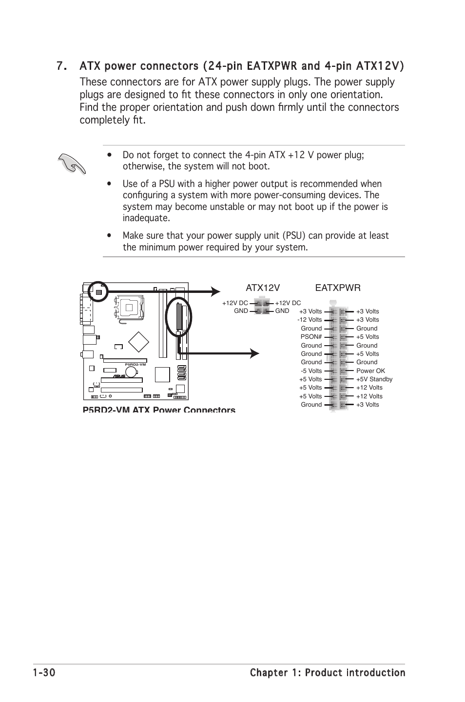 30 chapter 1: product introduction, P5rd2-vm atx power connectors eatxpwr atx12v | Asus P5RD2-VM User Manual | Page 42 / 90