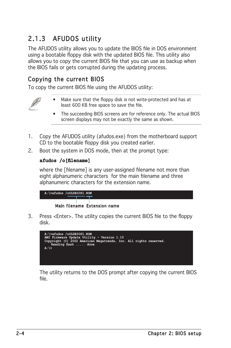 3 afudos utility, Copying the current bios | Asus P5RD2-VM User Manual | Page 50 / 90