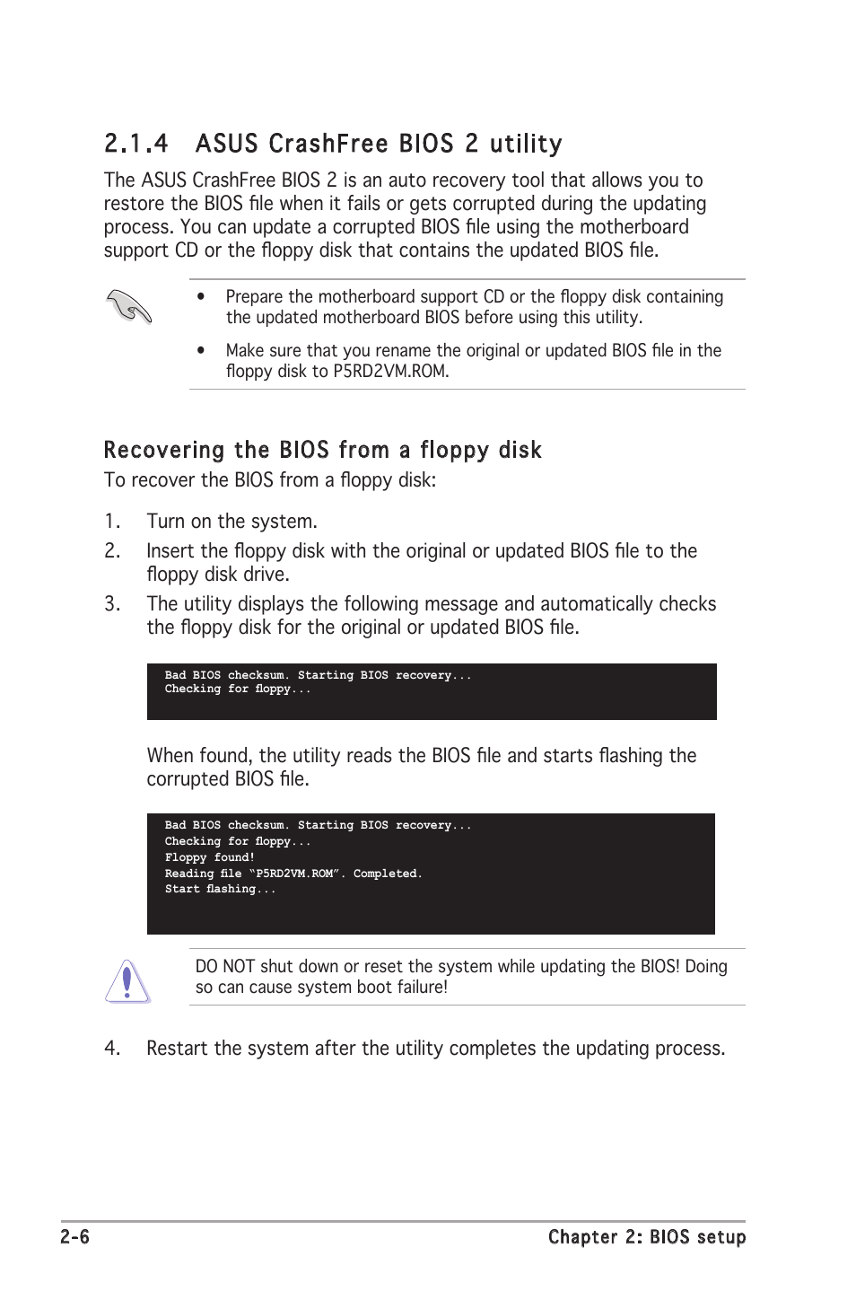 4 asus crashfree bios 2 utility, Recovering the bios from a floppy disk | Asus P5RD2-VM User Manual | Page 52 / 90