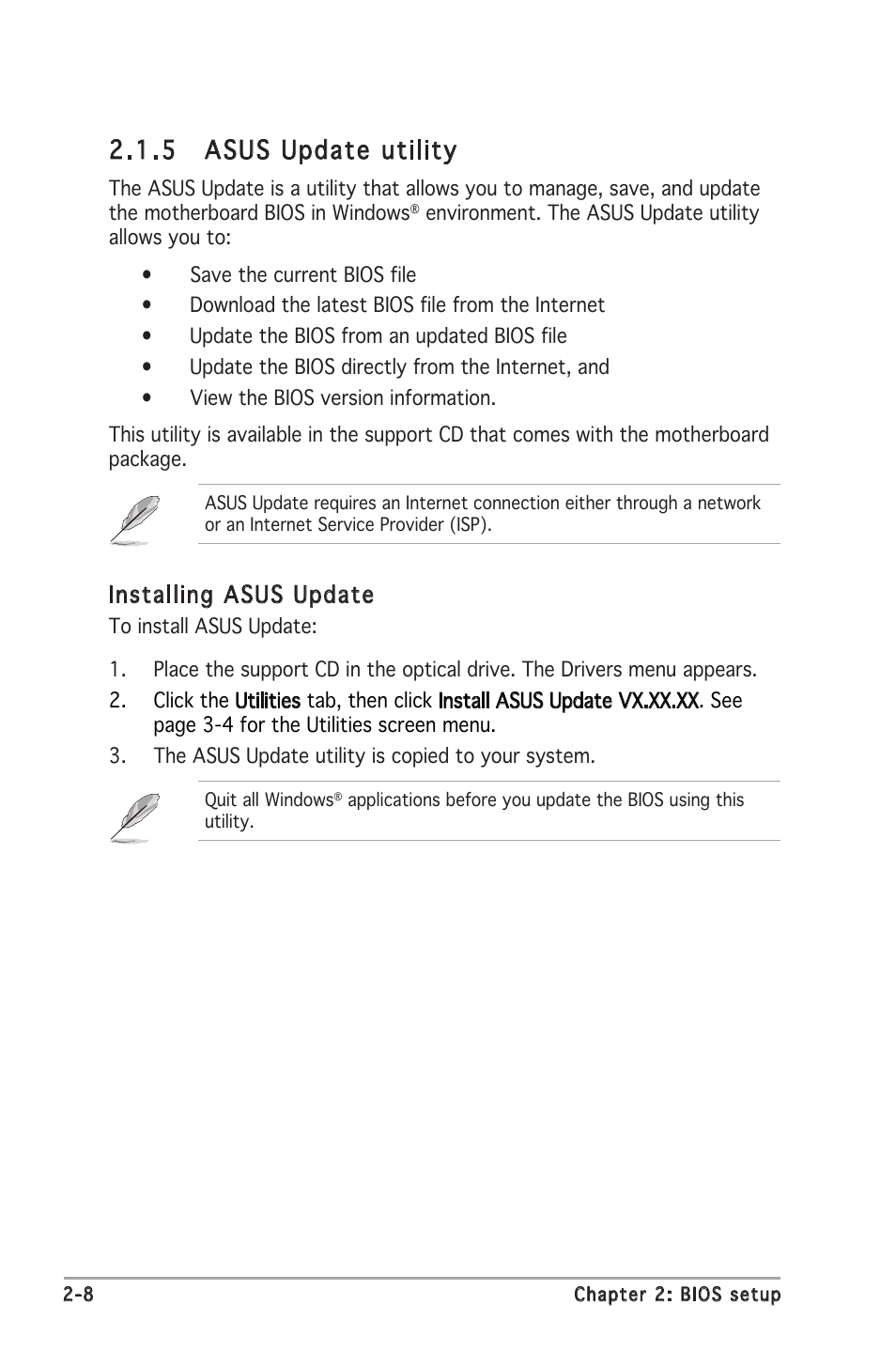 5 asus update utility, Installing asus update | Asus P5RD2-VM User Manual | Page 54 / 90