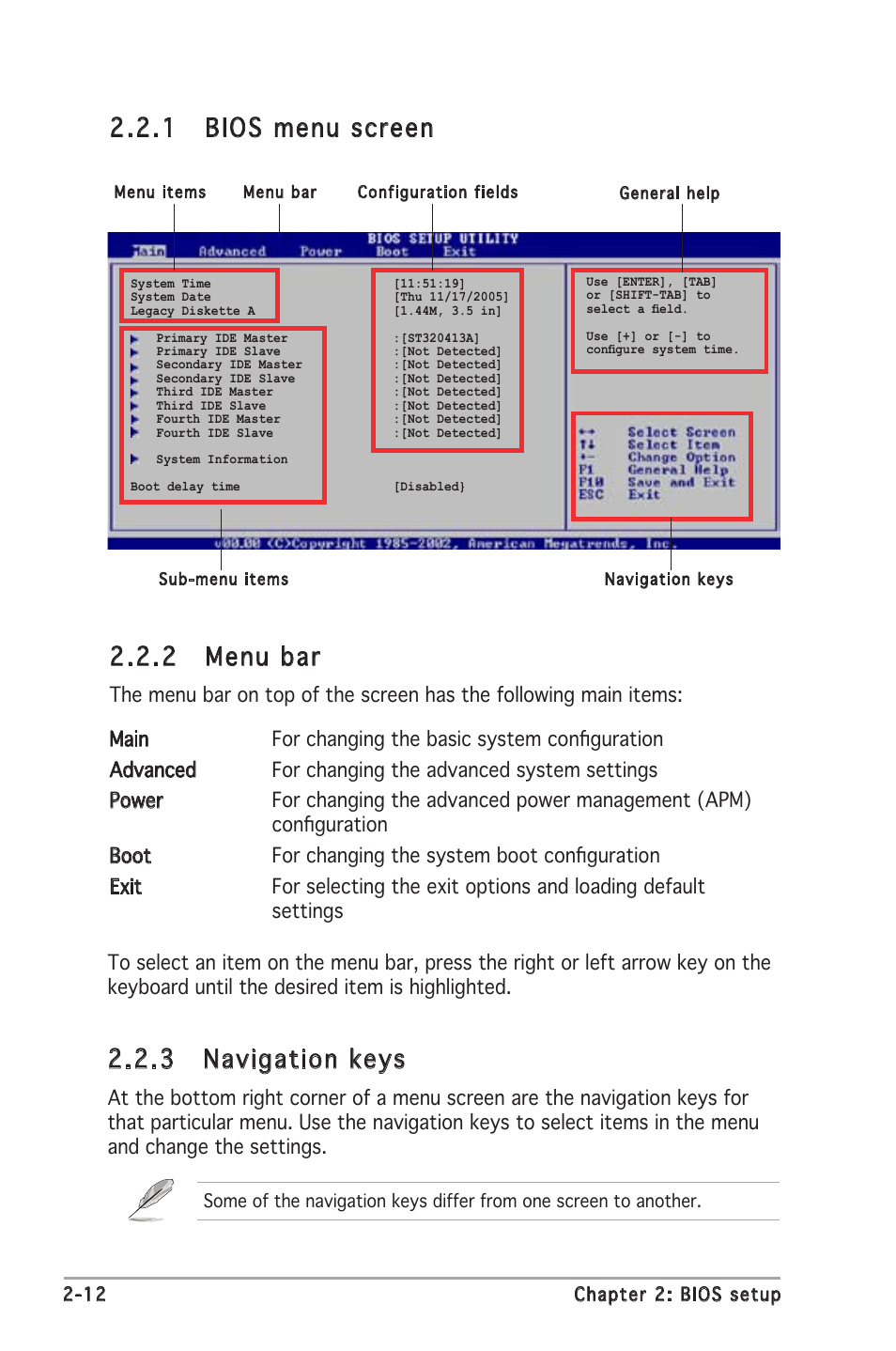 2 menu bar, 1 bios menu screen, 3 navigation keys | Asus P5RD2-VM User Manual | Page 58 / 90