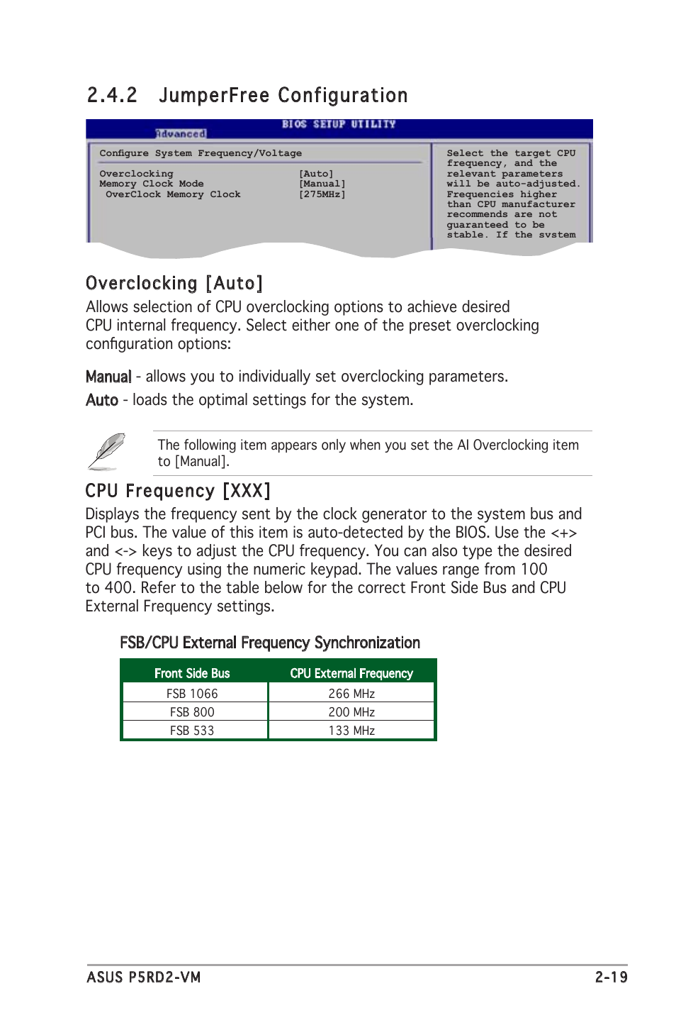 2 jumperfree configuration, Overclocking [auto, Cpu frequency [xxx | Asus P5RD2-VM User Manual | Page 65 / 90