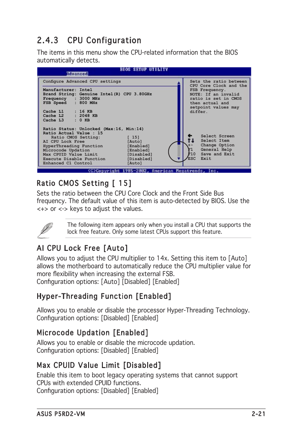 3 cpu configuration, Ai cpu lock free [auto, Hyper-threading function [enabled | Microcode updation [enabled, Max cpuid value limit [disabled, Ratio cmos setting [ 15 | Asus P5RD2-VM User Manual | Page 67 / 90