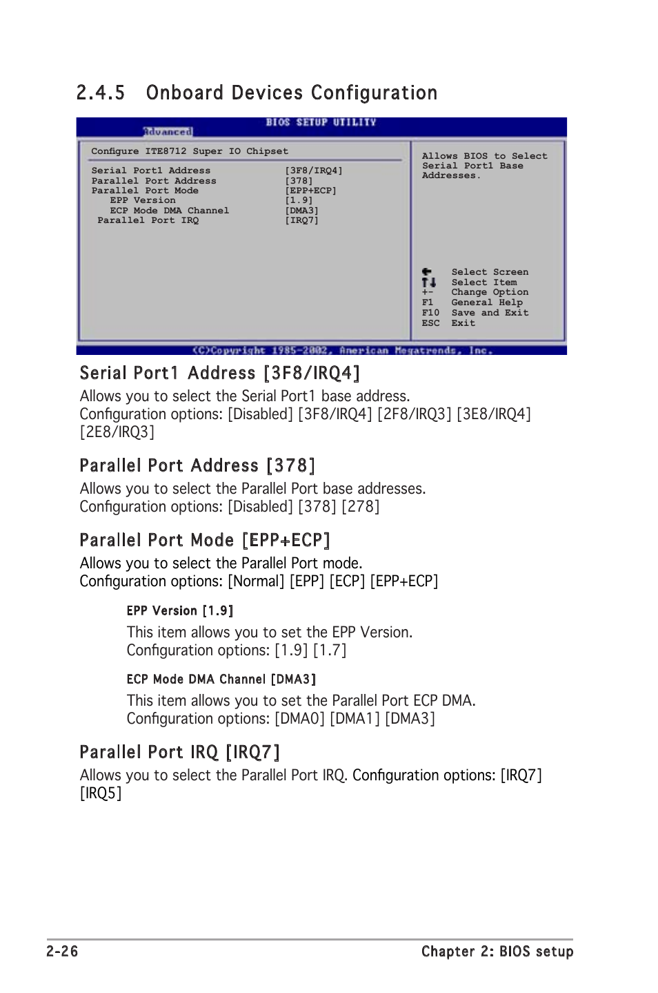 5 onboard devices configuration, Serial port1 address [3f8/irq4, Parallel port address [378 | Parallel port mode [epp+ecp, Parallel port irq [irq7 | Asus P5RD2-VM User Manual | Page 72 / 90