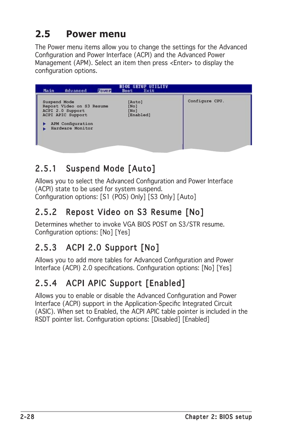 5 power menu, 1 suspend mode [auto, 2 repost video on s3 resume [no | 3 acpi 2.0 support [no, 4 acpi apic support [enabled | Asus P5RD2-VM User Manual | Page 74 / 90