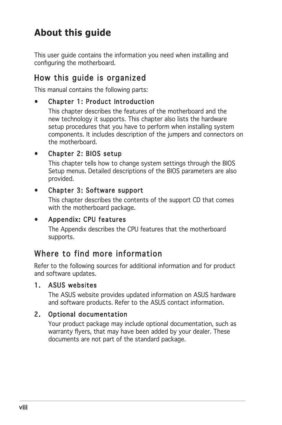 About this guide, How this guide is organized, Where to find more information | Asus P5RD2-VM User Manual | Page 8 / 90