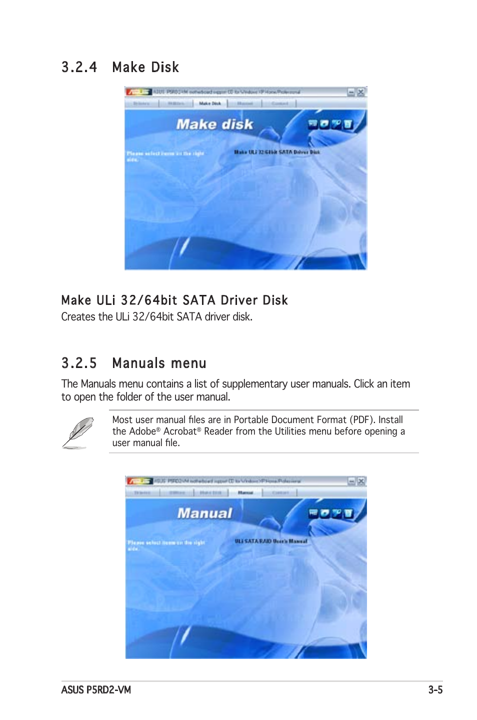 5 manuals menu, 4 make disk, Make uli 32/64bit sata driver disk | Asus P5RD2-VM User Manual | Page 89 / 90
