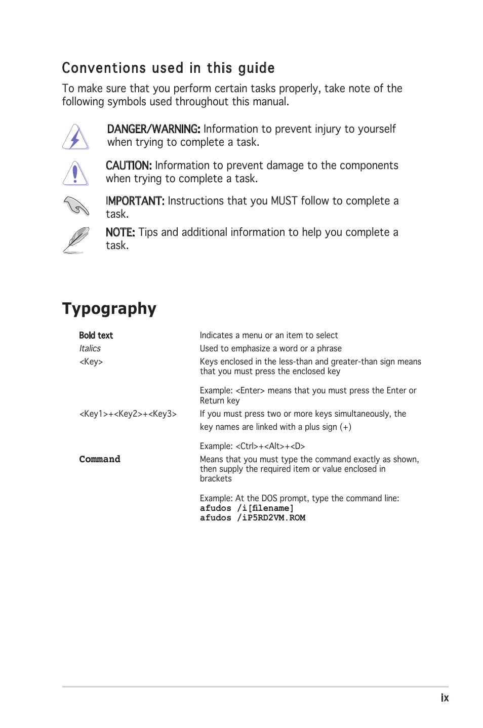 Typography, Conventions used in this guide | Asus P5RD2-VM User Manual | Page 9 / 90
