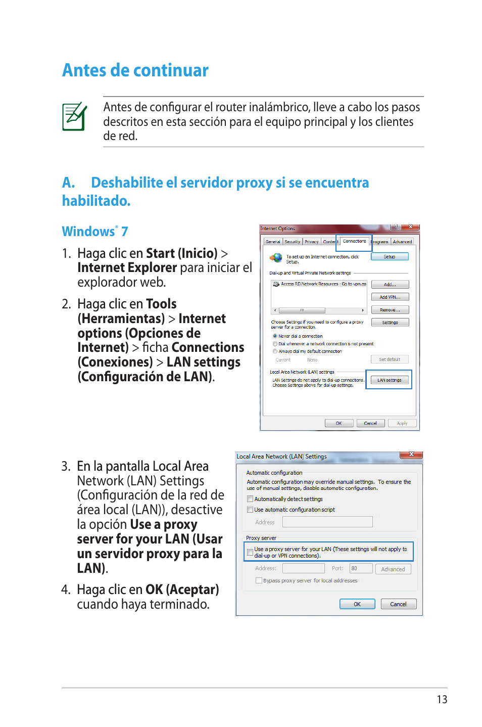 Antes de continuar, A. deshabilite el servidor proxy si se encuentra, Habilitado | Asus RT-AC56R User Manual | Page 13 / 70