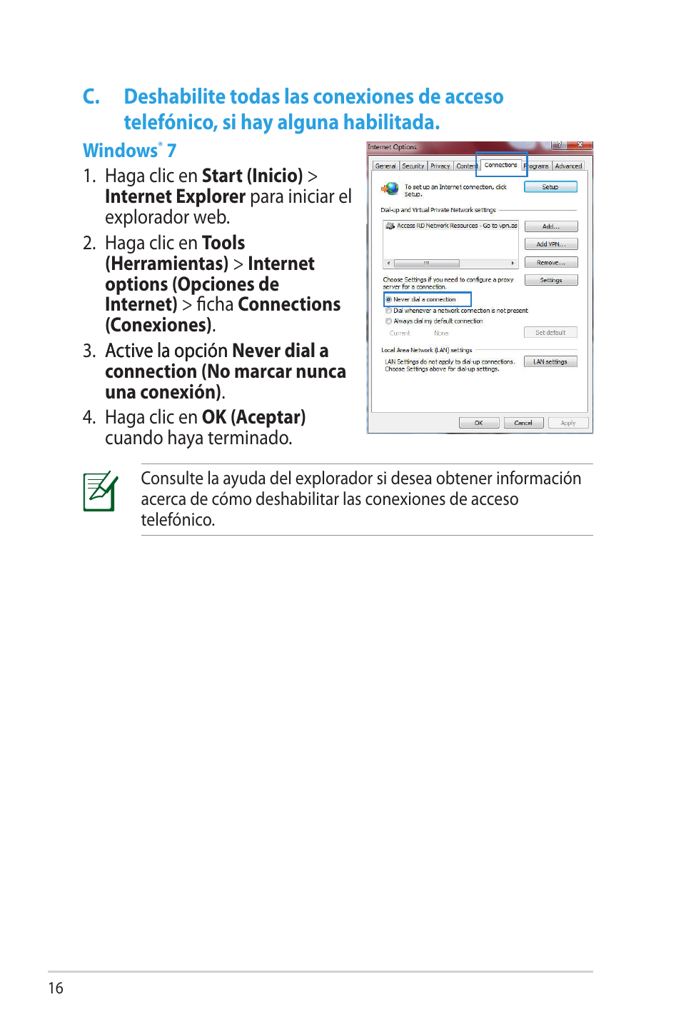 C. deshabilite todas las conexiones de acceso, Telefónico, si hay alguna habilitada | Asus RT-AC56R User Manual | Page 16 / 70