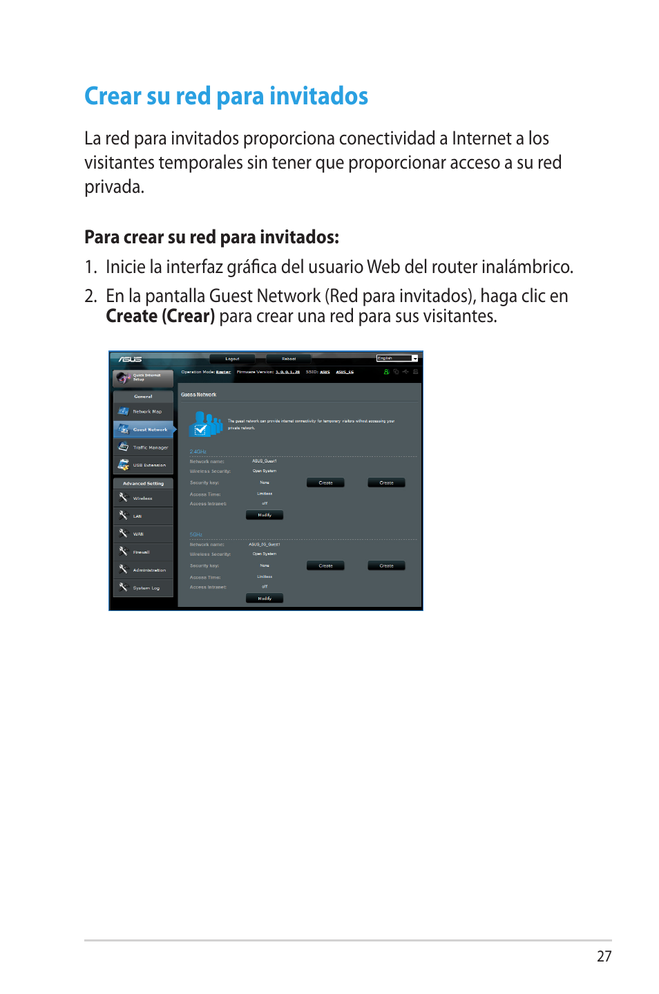 Crear su red para invitados | Asus RT-AC56R User Manual | Page 27 / 70