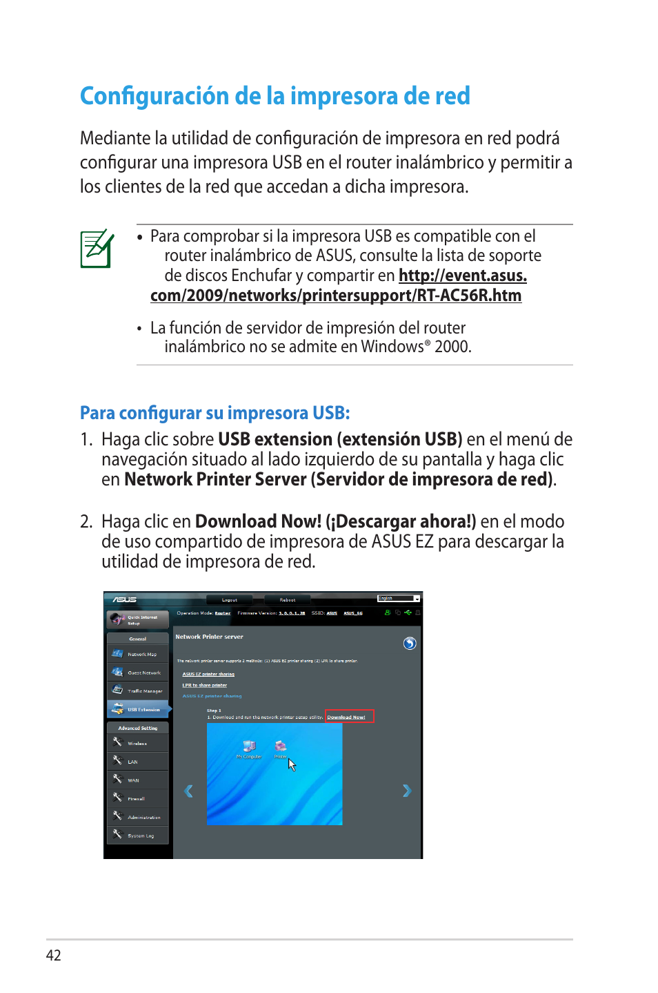Configuración de la impresora de red | Asus RT-AC56R User Manual | Page 42 / 70