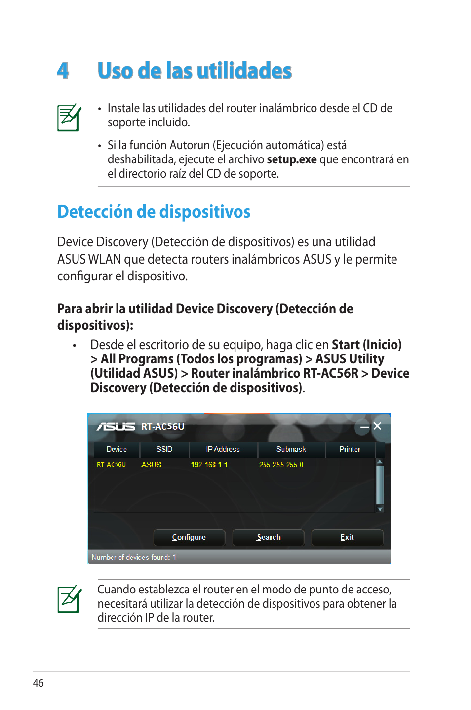 4 uso de las utilidades, Detección de dispositivos | Asus RT-AC56R User Manual | Page 46 / 70