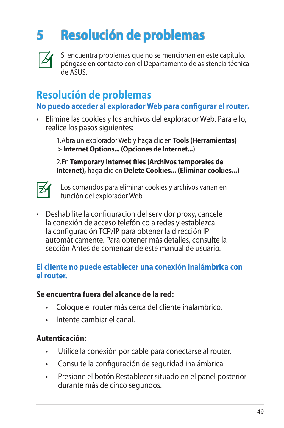 5 resolución de problemas, Resolución de problemas | Asus RT-AC56R User Manual | Page 49 / 70