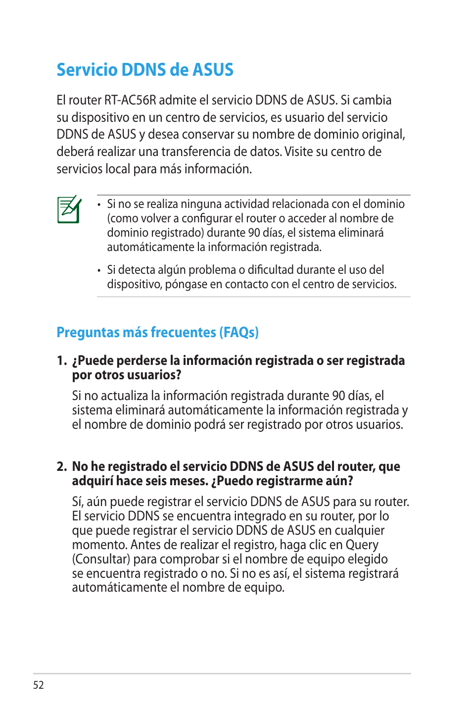 Servicio ddns de asus, Preguntas más frecuentes (faqs) | Asus RT-AC56R User Manual | Page 52 / 70