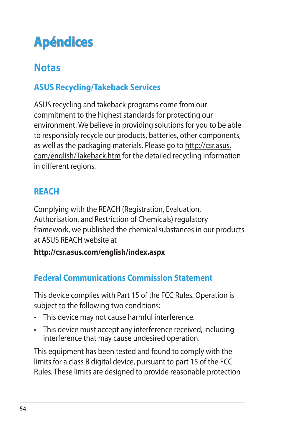 Apéndices, Notas | Asus RT-AC56R User Manual | Page 54 / 70