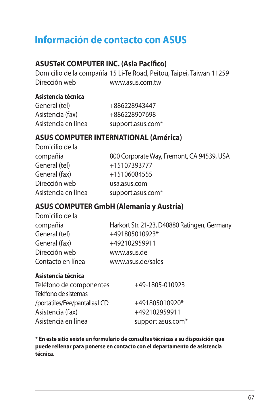 Información de contacto con asus | Asus RT-AC56R User Manual | Page 67 / 70