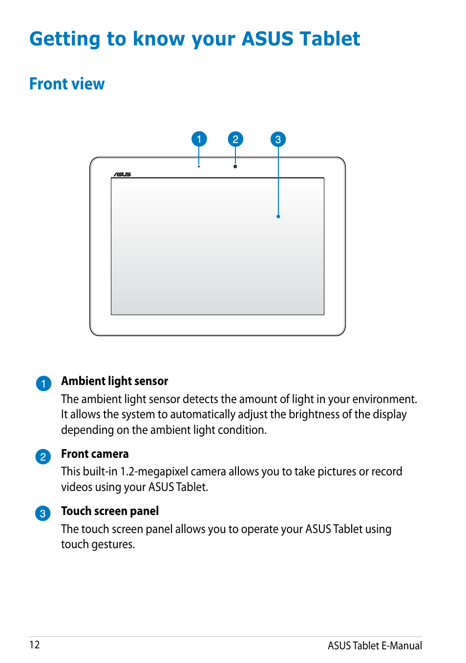Getting to know your asus tablet, Front view | Asus MeMO Pad FHD 10 LTE User Manual | Page 12 / 98