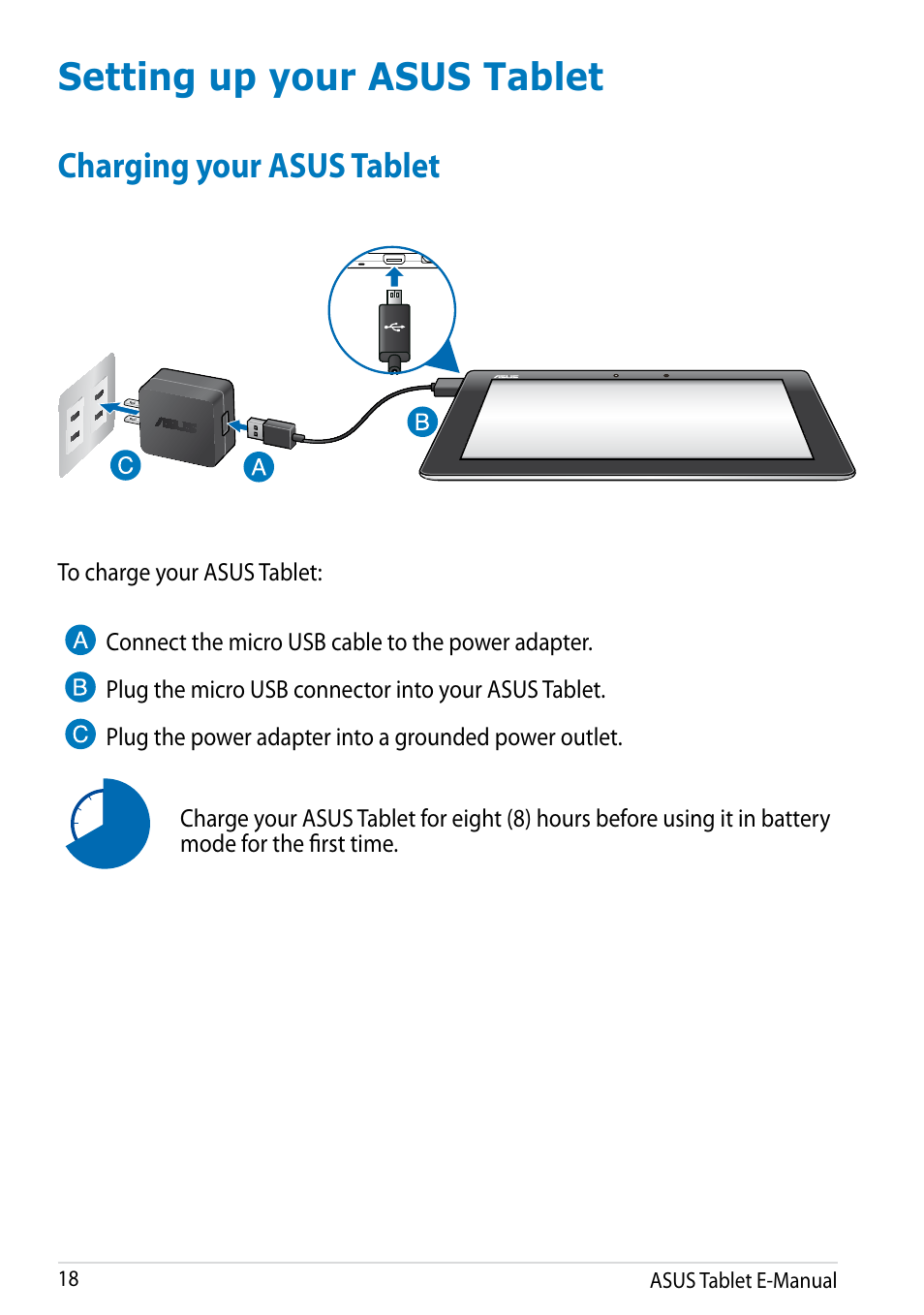 Setting up your asus tablet, Charging your asus tablet | Asus MeMO Pad FHD 10 LTE User Manual | Page 18 / 98