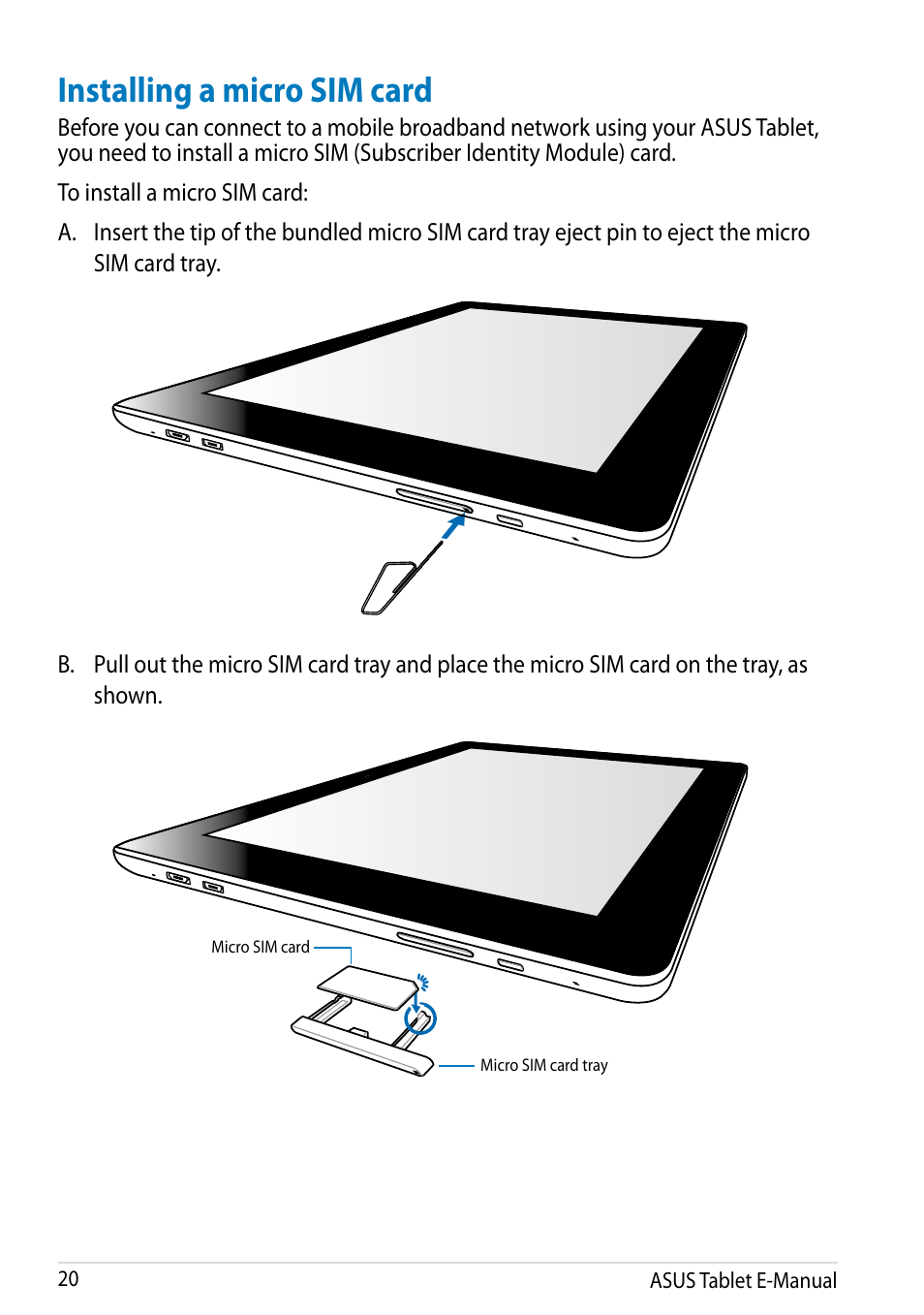 Installing a micro sim card | Asus MeMO Pad FHD 10 LTE User Manual | Page 20 / 98