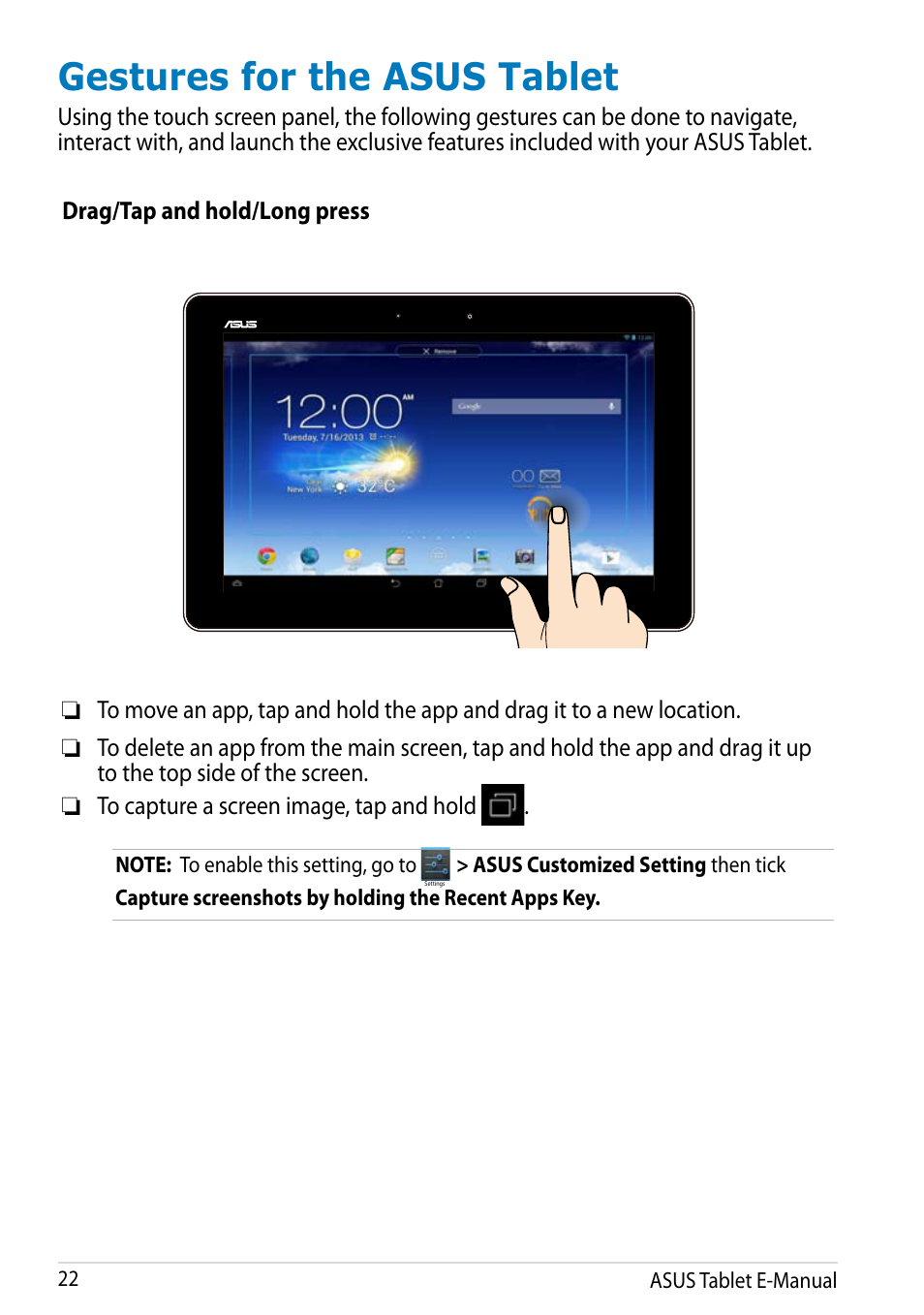 Gestures for the asus tablet | Asus MeMO Pad FHD 10 LTE User Manual | Page 22 / 98