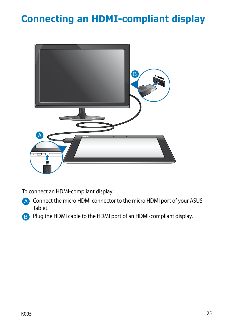 Connecting an hdmi-compliant display | Asus MeMO Pad FHD 10 LTE User Manual | Page 25 / 98