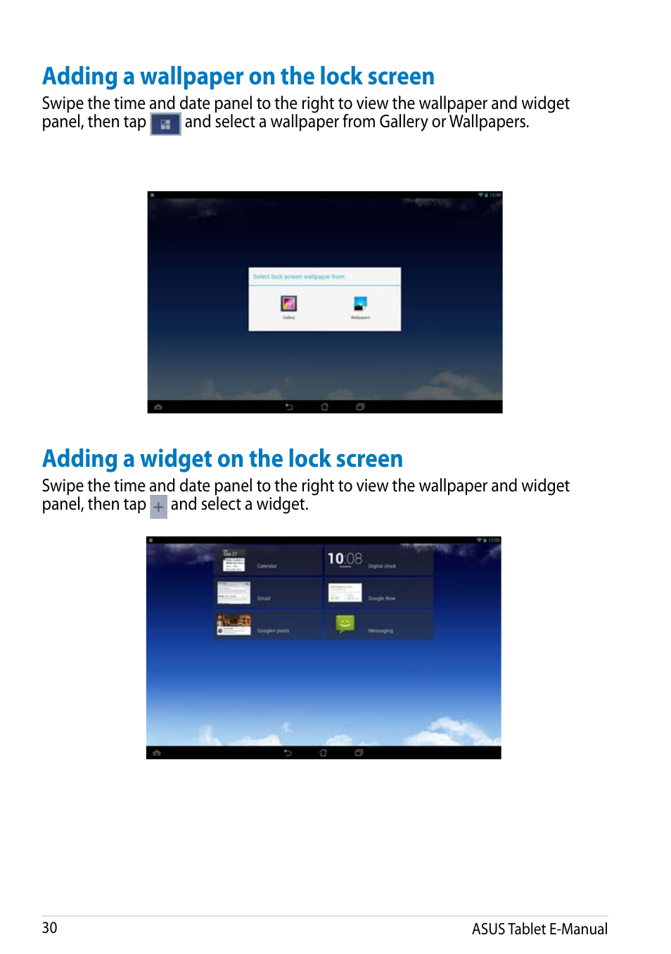 Adding a wallpaper on the lock screen, Adding a widget on the lock screen | Asus MeMO Pad FHD 10 LTE User Manual | Page 30 / 98