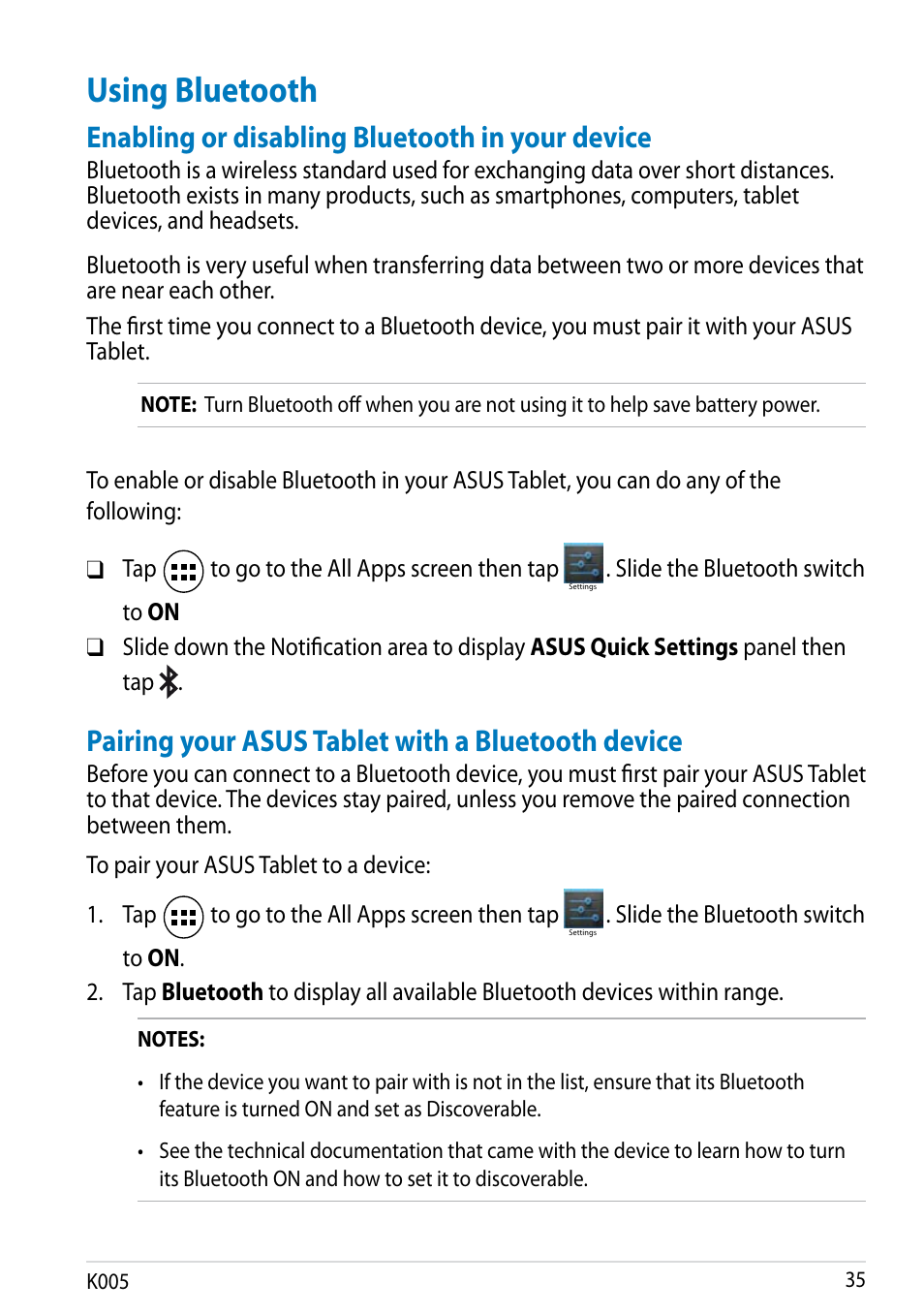 Using bluetooth, Enabling or disabling bluetooth in your device, Pairing your asus tablet with a bluetooth device | Asus MeMO Pad FHD 10 LTE User Manual | Page 35 / 98