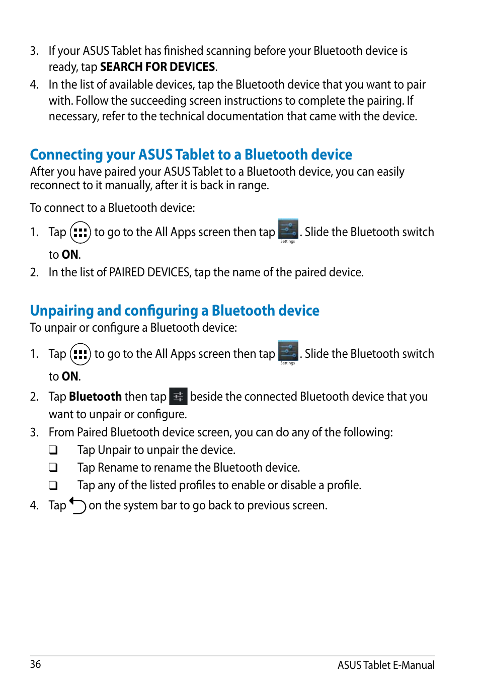 Connecting your asus tablet to a bluetooth device, Unpairing and configuring a bluetooth device | Asus MeMO Pad FHD 10 LTE User Manual | Page 36 / 98