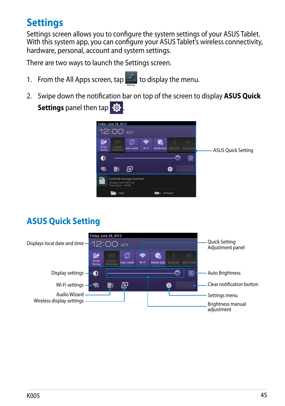Settings, Asus quick setting | Asus MeMO Pad FHD 10 LTE User Manual | Page 45 / 98
