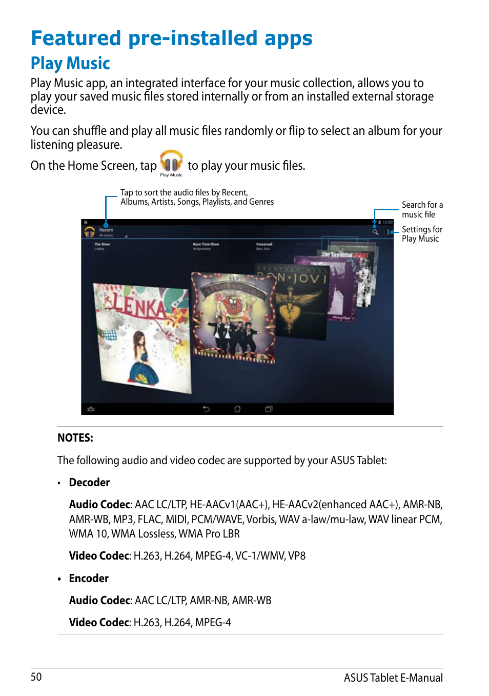 Featured pre-installed apps, Play music | Asus MeMO Pad FHD 10 LTE User Manual | Page 50 / 98
