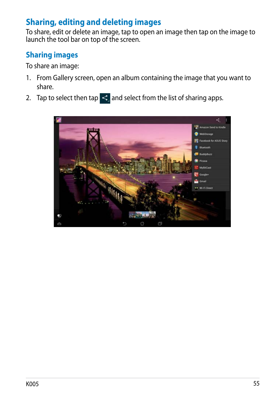 Sharing, editing and deleting images | Asus MeMO Pad FHD 10 LTE User Manual | Page 55 / 98