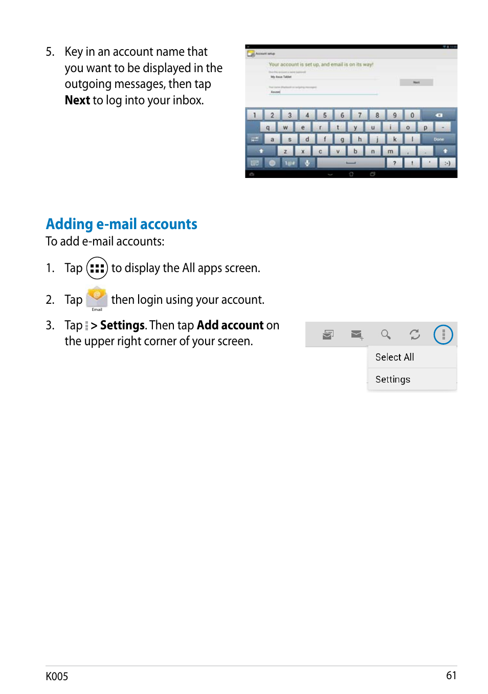 Adding e-mail accounts | Asus MeMO Pad FHD 10 LTE User Manual | Page 61 / 98