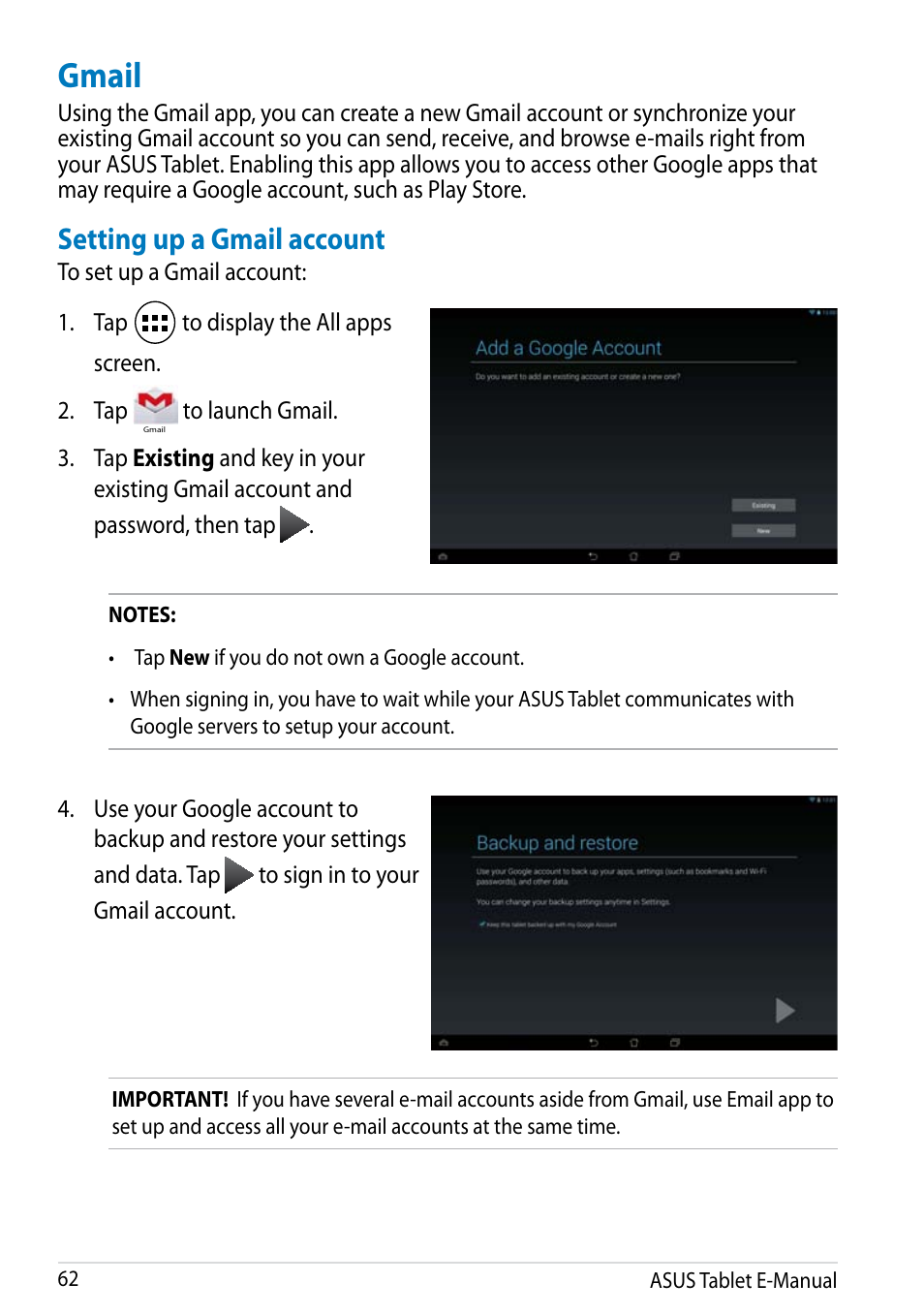 Gmail, Setting up a gmail account | Asus MeMO Pad FHD 10 LTE User Manual | Page 62 / 98