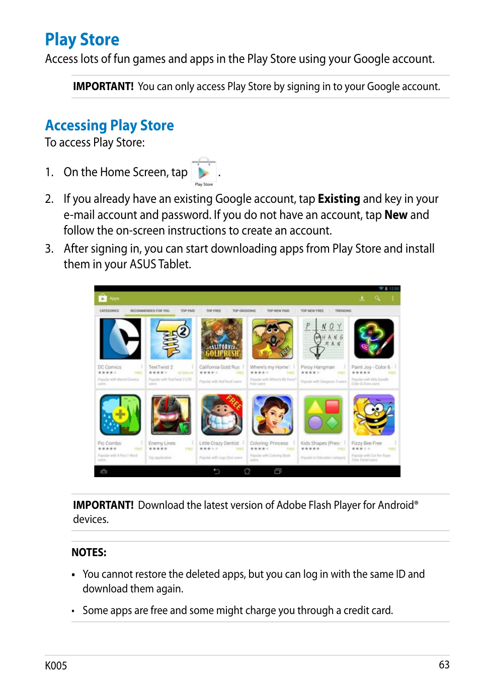 Play store, Accessing play store | Asus MeMO Pad FHD 10 LTE User Manual | Page 63 / 98