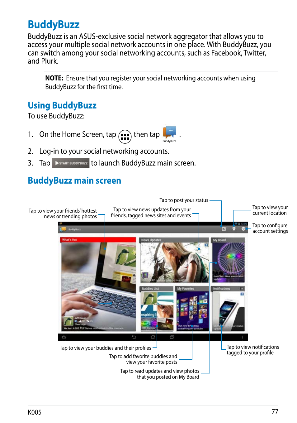 Buddybuzz, Using buddybuzz, Buddybuzz main screen | Asus MeMO Pad FHD 10 LTE User Manual | Page 77 / 98