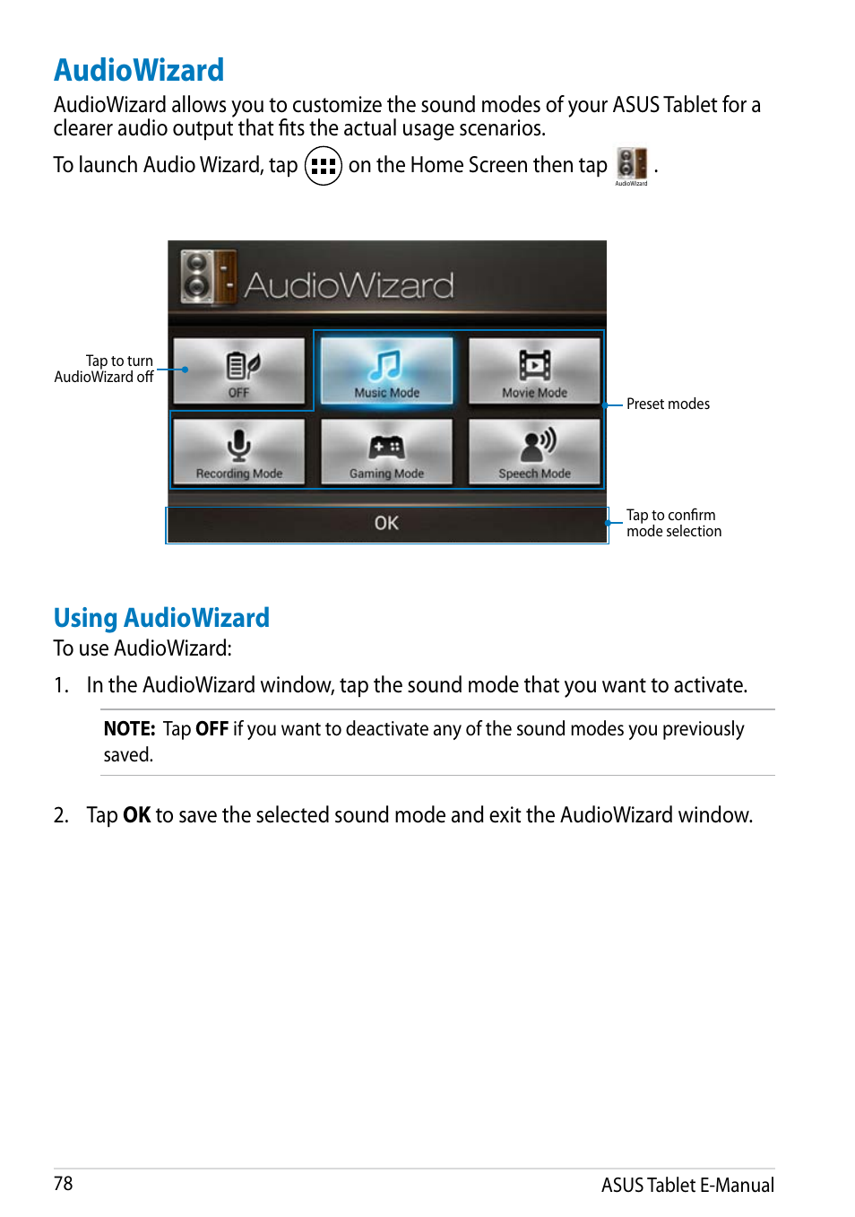 Audiowizard, Using audiowizard | Asus MeMO Pad FHD 10 LTE User Manual | Page 78 / 98