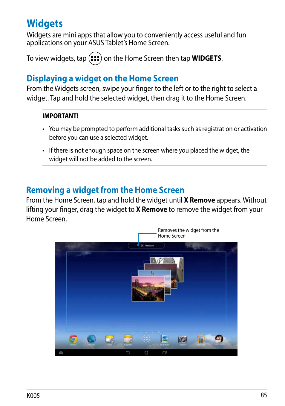 Widgets, Displaying a widget on the home screen, Removing a widget from the home screen | Asus MeMO Pad FHD 10 LTE User Manual | Page 85 / 98