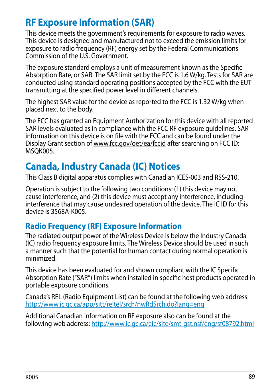 Rf exposure information (sar), Canada, industry canada (ic) notices, Radio frequency (rf) exposure information | Asus MeMO Pad FHD 10 LTE User Manual | Page 89 / 98