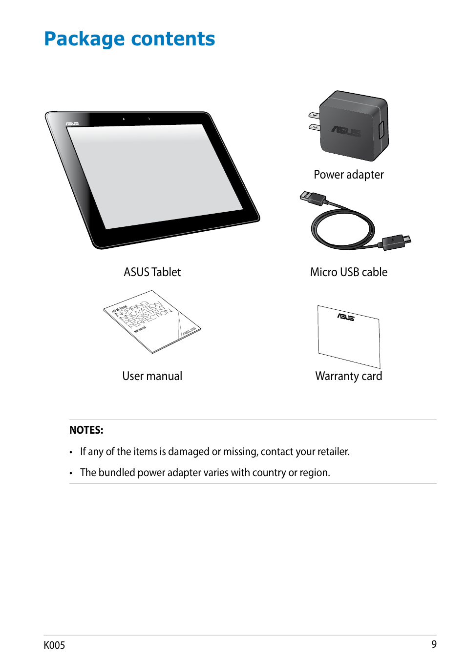 Package contents | Asus MeMO Pad FHD 10 LTE User Manual | Page 9 / 98