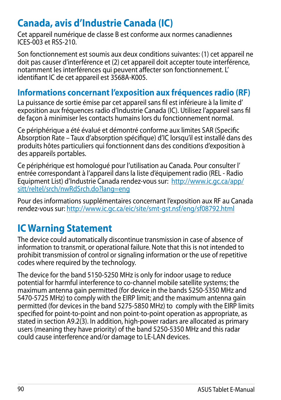 Canada, avis d’industrie canada (ic), Ic warning statement | Asus MeMO Pad FHD 10 LTE User Manual | Page 90 / 98