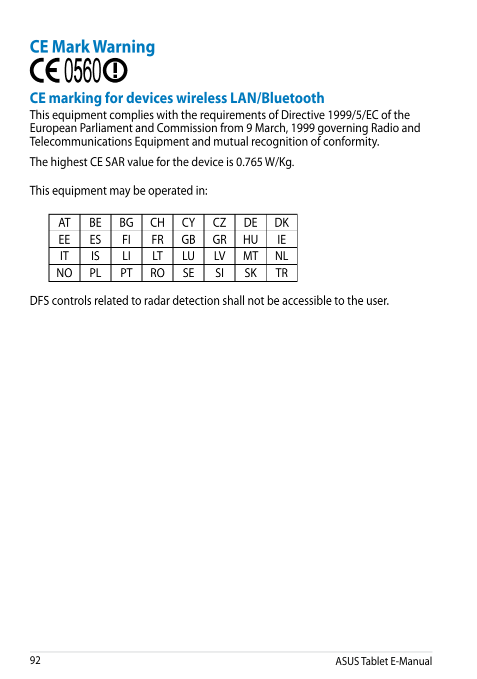 Ce mark warning, Ce marking for devices wireless lan/bluetooth | Asus MeMO Pad FHD 10 LTE User Manual | Page 92 / 98